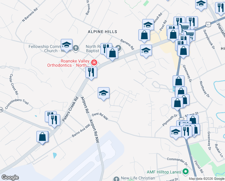 map of restaurants, bars, coffee shops, grocery stores, and more near 6846 Village Green Drive in Roanoke