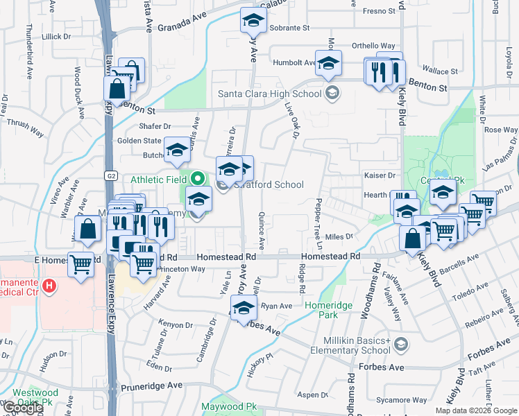map of restaurants, bars, coffee shops, grocery stores, and more near 895 Quince Avenue in Santa Clara