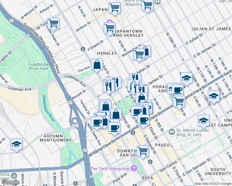map of restaurants, bars, coffee shops, grocery stores, and more near 45 East Julian Street in San Jose