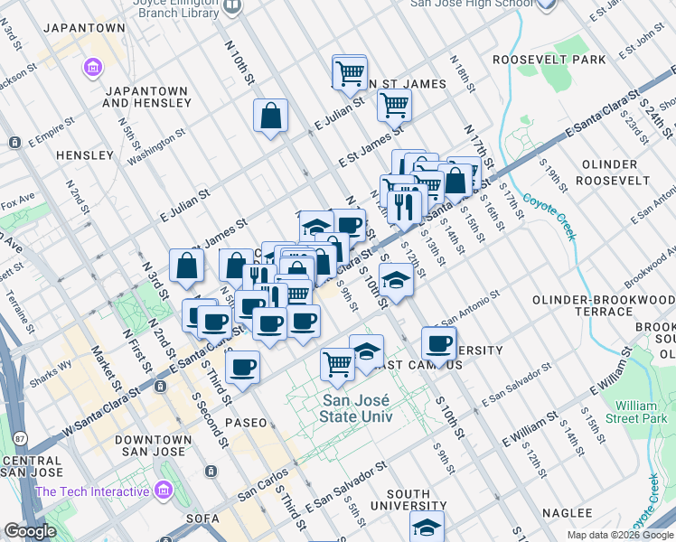 map of restaurants, bars, coffee shops, grocery stores, and more near 411 East Santa Clara Street in San Jose