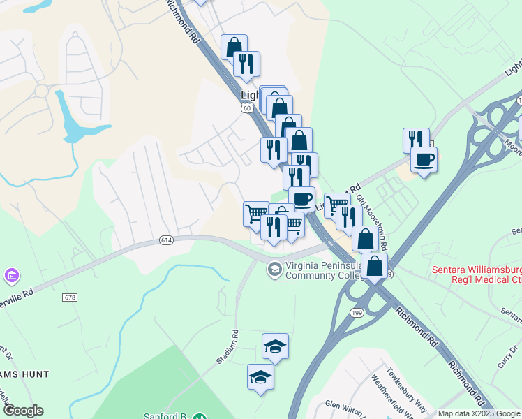 map of restaurants, bars, coffee shops, grocery stores, and more near 6528 Artillery Street in Williamsburg