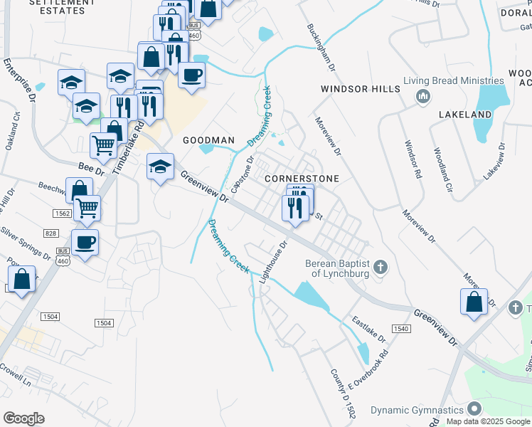 map of restaurants, bars, coffee shops, grocery stores, and more near 103 Portico Street in Lynchburg