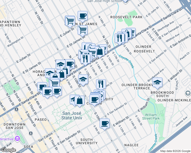map of restaurants, bars, coffee shops, grocery stores, and more near 75 South 14th Street in San Jose