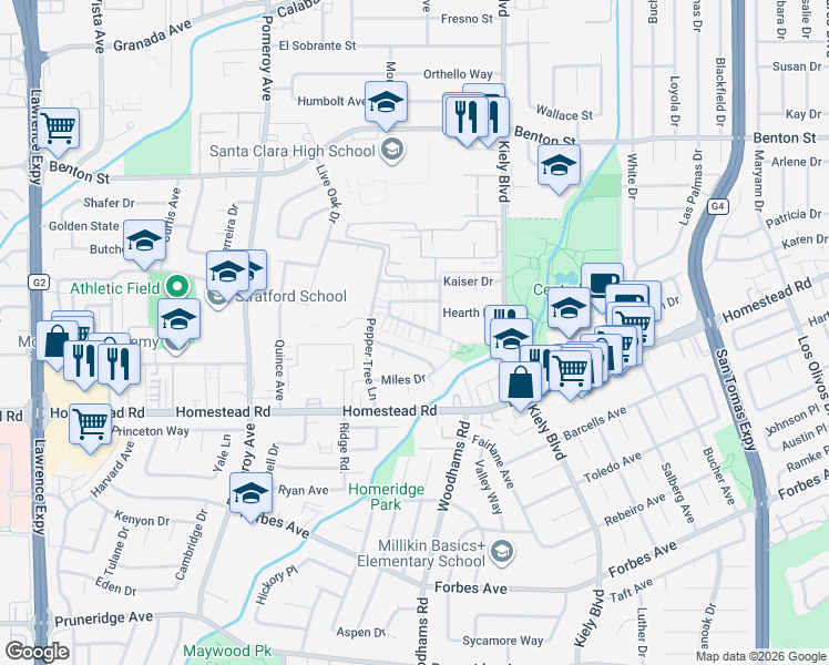 map of restaurants, bars, coffee shops, grocery stores, and more near 3110 Via Siena Place in Santa Clara