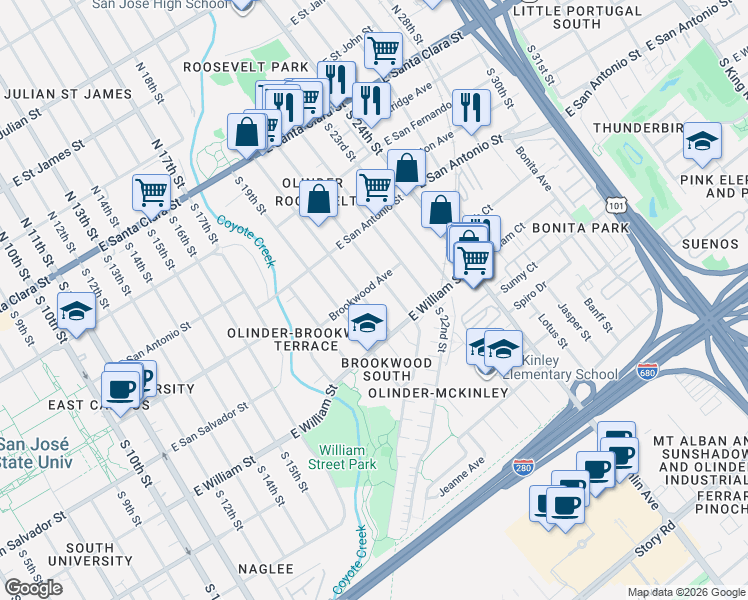 map of restaurants, bars, coffee shops, grocery stores, and more near 310 South 21st Street in San Jose