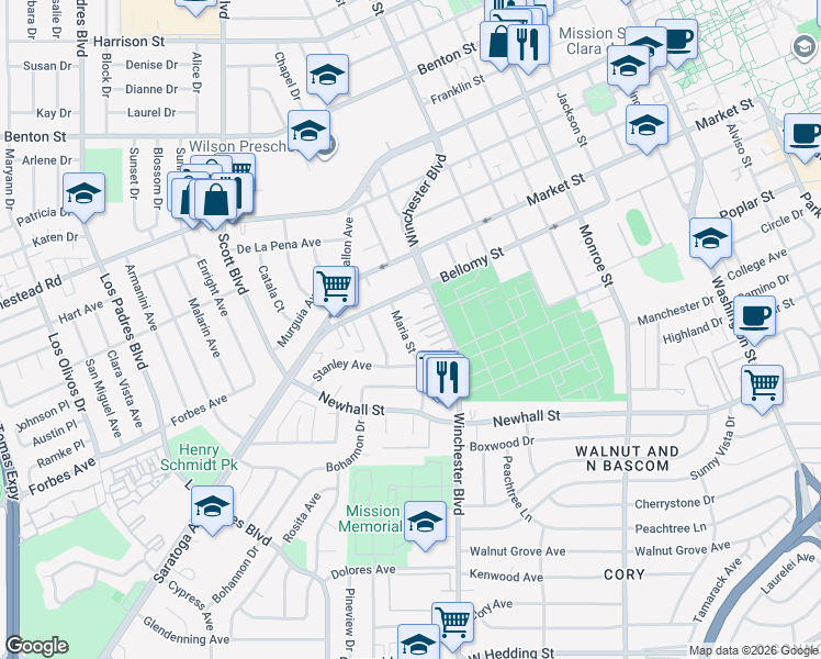 map of restaurants, bars, coffee shops, grocery stores, and more near 1806 Henning Place in Santa Clara