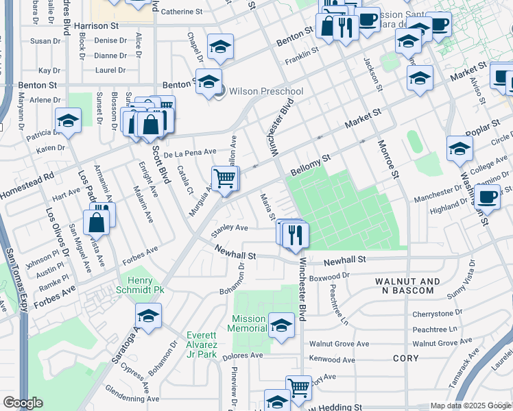 map of restaurants, bars, coffee shops, grocery stores, and more near 1902 Bellomy Street in Santa Clara