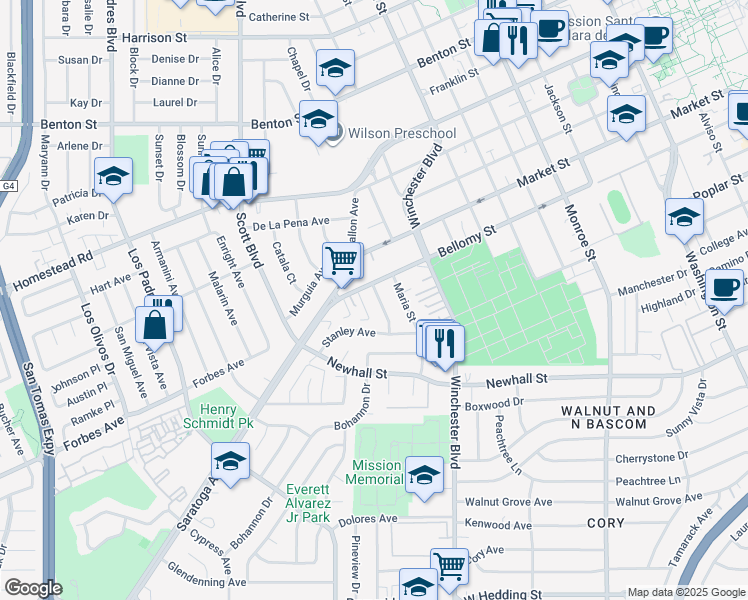 map of restaurants, bars, coffee shops, grocery stores, and more near 1902 Bellomy Street in Santa Clara