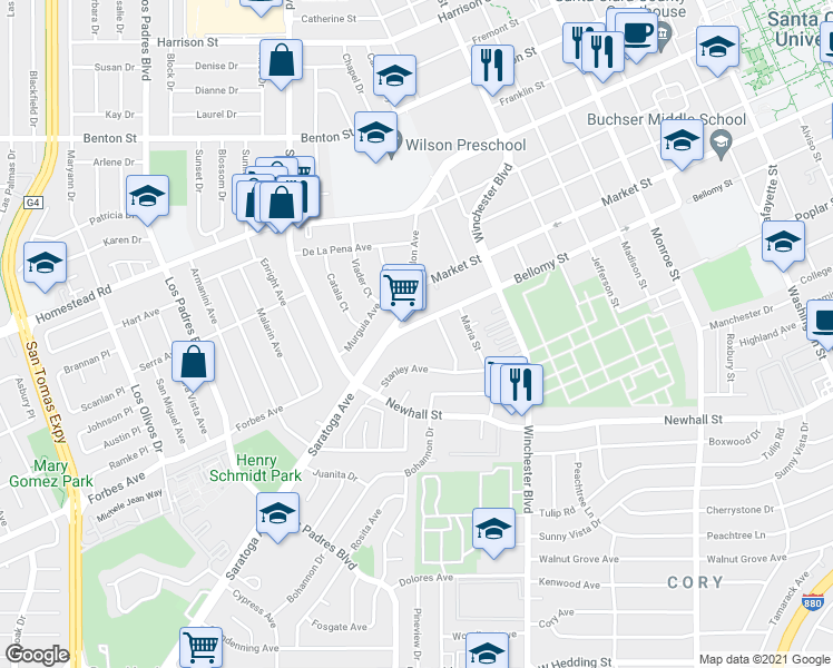 map of restaurants, bars, coffee shops, grocery stores, and more near 1957 Bellomy Street in Santa Clara