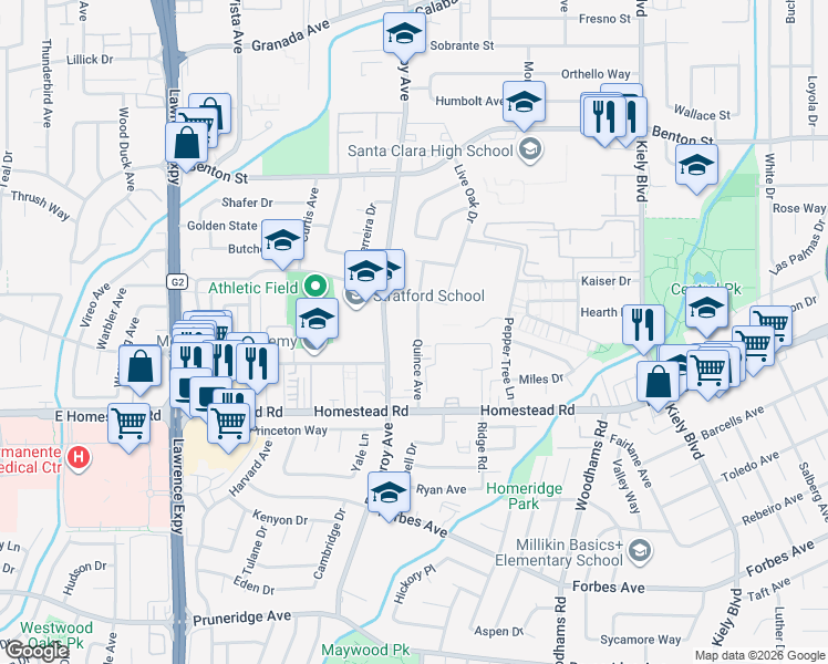 map of restaurants, bars, coffee shops, grocery stores, and more near 895 Quince Avenue in Santa Clara