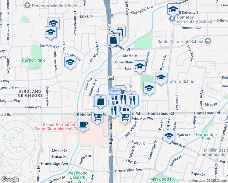 map of restaurants, bars, coffee shops, grocery stores, and more near 884 Burbank Drive in Santa Clara