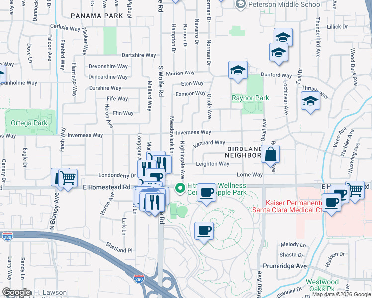map of restaurants, bars, coffee shops, grocery stores, and more near 917 Kennard Way in Sunnyvale