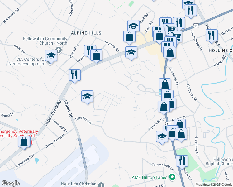 map of restaurants, bars, coffee shops, grocery stores, and more near 6509 Carefree Lane in Hollins