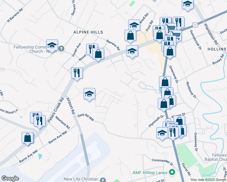 map of restaurants, bars, coffee shops, grocery stores, and more near 6509 Carefree Lane in Hollins
