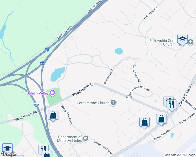 map of restaurants, bars, coffee shops, grocery stores, and more near 7025 Wood Haven Road in Hollins