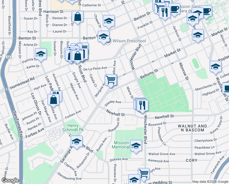 map of restaurants, bars, coffee shops, grocery stores, and more near 1972 Bellomy Street in Santa Clara