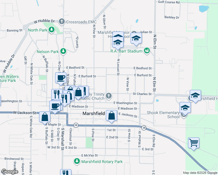 map of restaurants, bars, coffee shops, grocery stores, and more near 313 North Locust Street in Marshfield