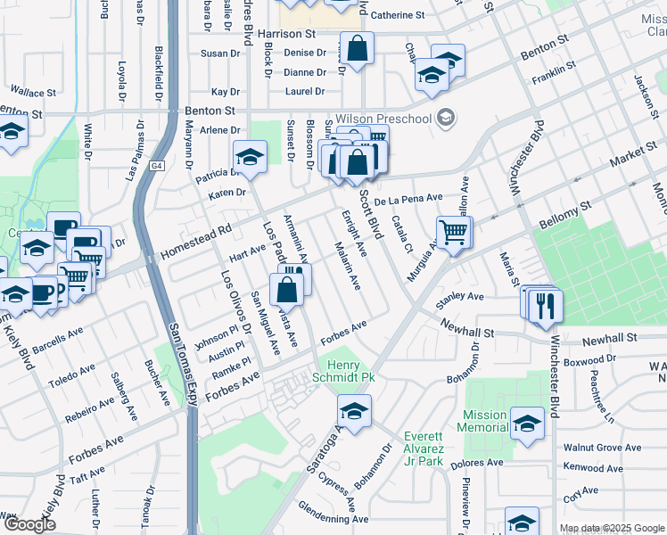 map of restaurants, bars, coffee shops, grocery stores, and more near 689 Robin Drive in Santa Clara