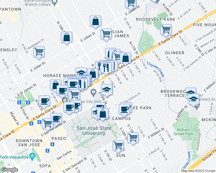 map of restaurants, bars, coffee shops, grocery stores, and more near 52 South 11th Street in San Jose