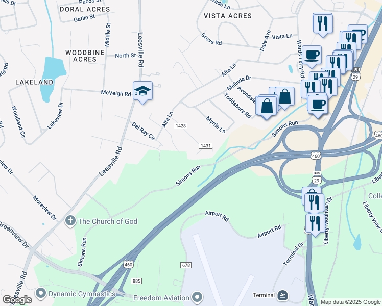 map of restaurants, bars, coffee shops, grocery stores, and more near 153 Edgewood Court in Lynchburg