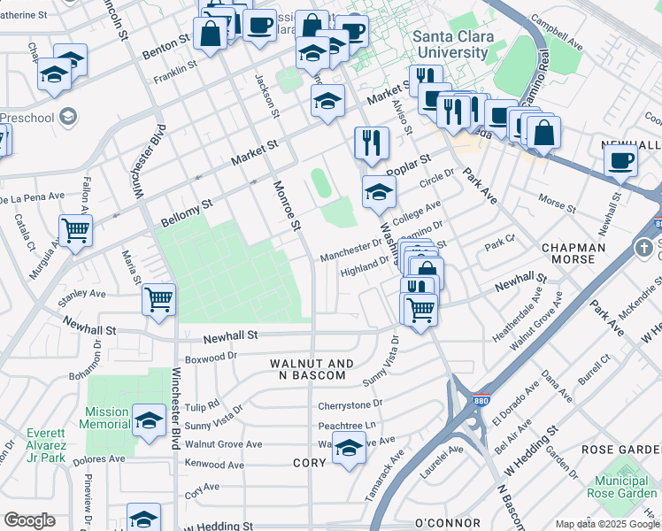 map of restaurants, bars, coffee shops, grocery stores, and more near 1235 Manchester Drive in Santa Clara