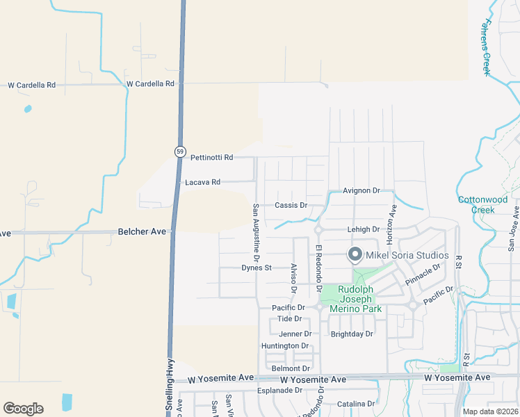 map of restaurants, bars, coffee shops, grocery stores, and more near 3997 Bartley Court in Merced