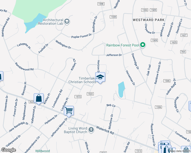 map of restaurants, bars, coffee shops, grocery stores, and more near 209 Horizon Drive in Forest
