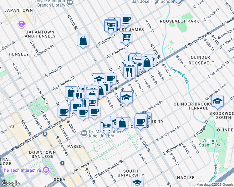 map of restaurants, bars, coffee shops, grocery stores, and more near 22 South 10th Street in San Jose