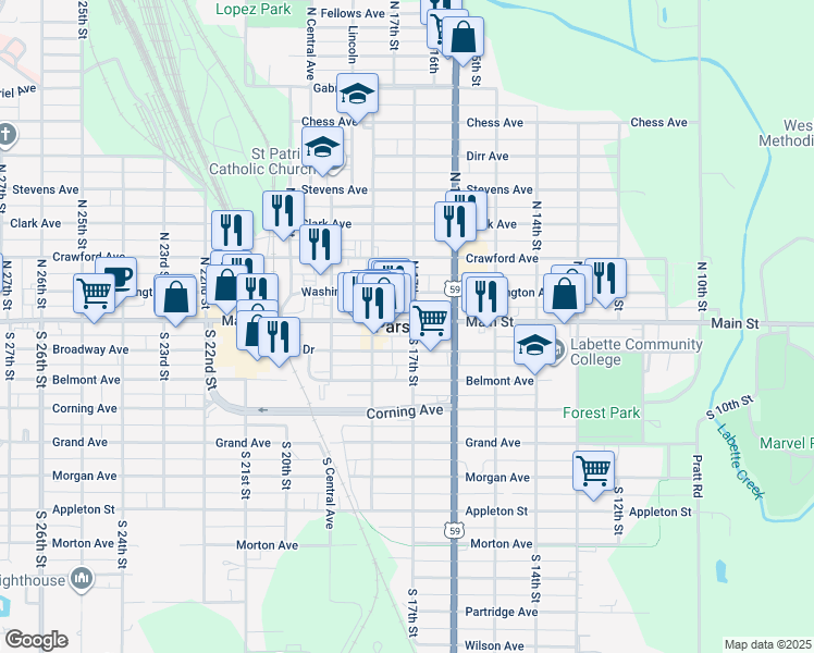 map of restaurants, bars, coffee shops, grocery stores, and more near in Parsons