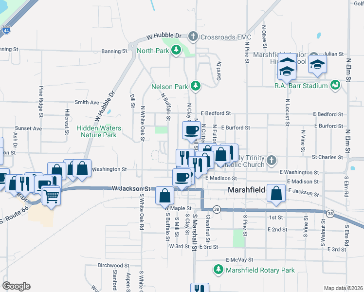 map of restaurants, bars, coffee shops, grocery stores, and more near 305 North Mill Street in Marshfield
