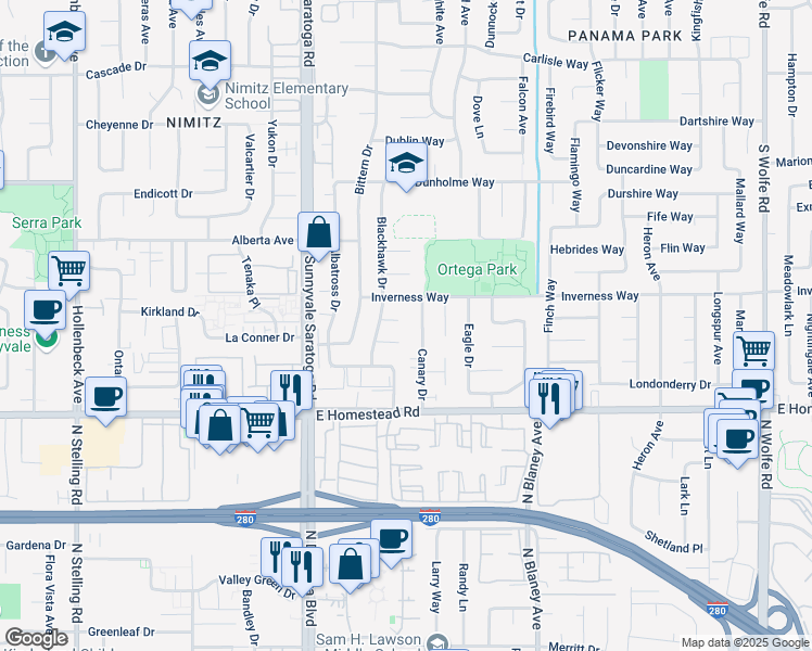 map of restaurants, bars, coffee shops, grocery stores, and more near 518 Kenilworth Court in Sunnyvale