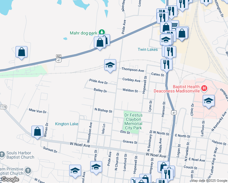 map of restaurants, bars, coffee shops, grocery stores, and more near 781 Pride Avenue in Madisonville
