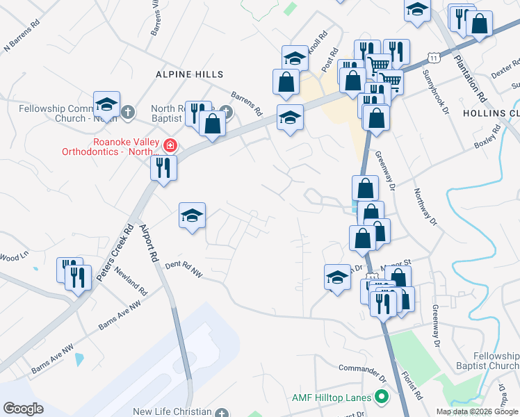 map of restaurants, bars, coffee shops, grocery stores, and more near 6500 Carefree Lane in Hollins