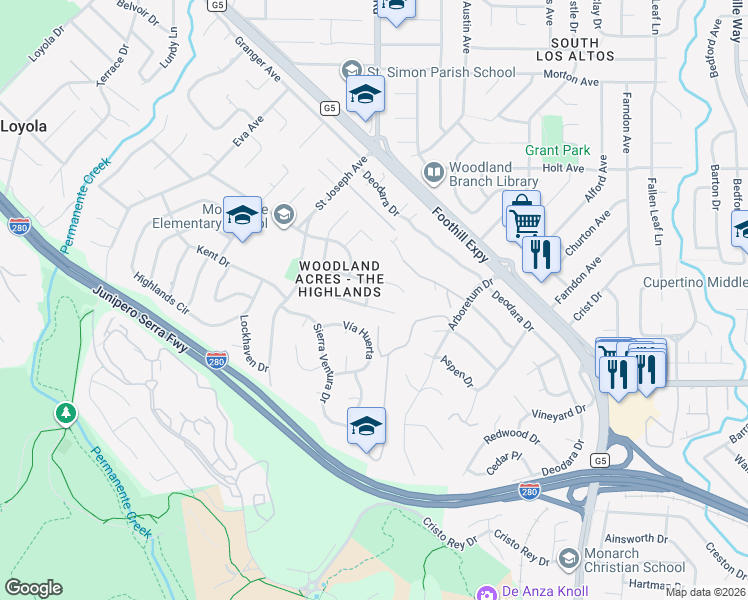 map of restaurants, bars, coffee shops, grocery stores, and more near 1207 Woodview Terrace in Los Altos