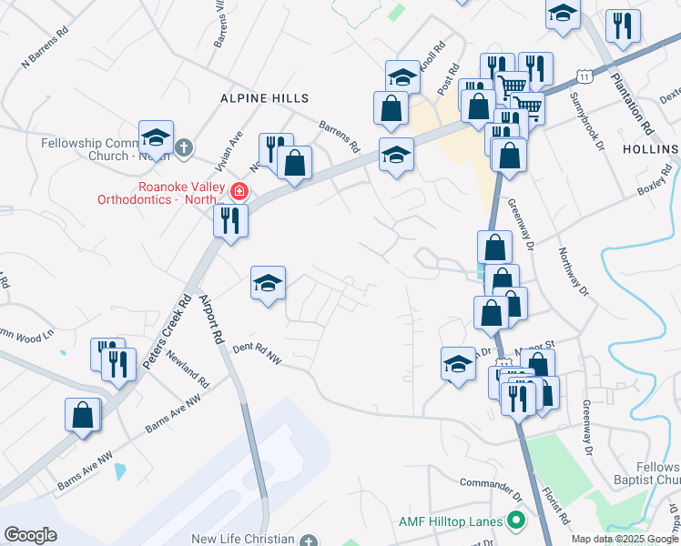 map of restaurants, bars, coffee shops, grocery stores, and more near 6509 Carefree Lane in Hollins