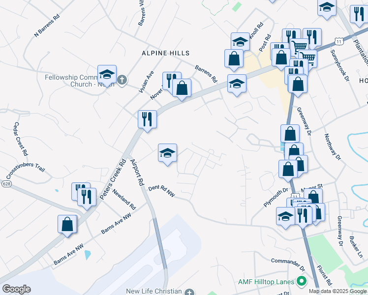 map of restaurants, bars, coffee shops, grocery stores, and more near 6854 Village Green Drive in Roanoke