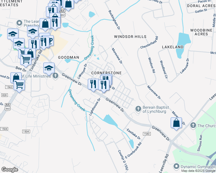 map of restaurants, bars, coffee shops, grocery stores, and more near 200 Cornerstone Street in Lynchburg