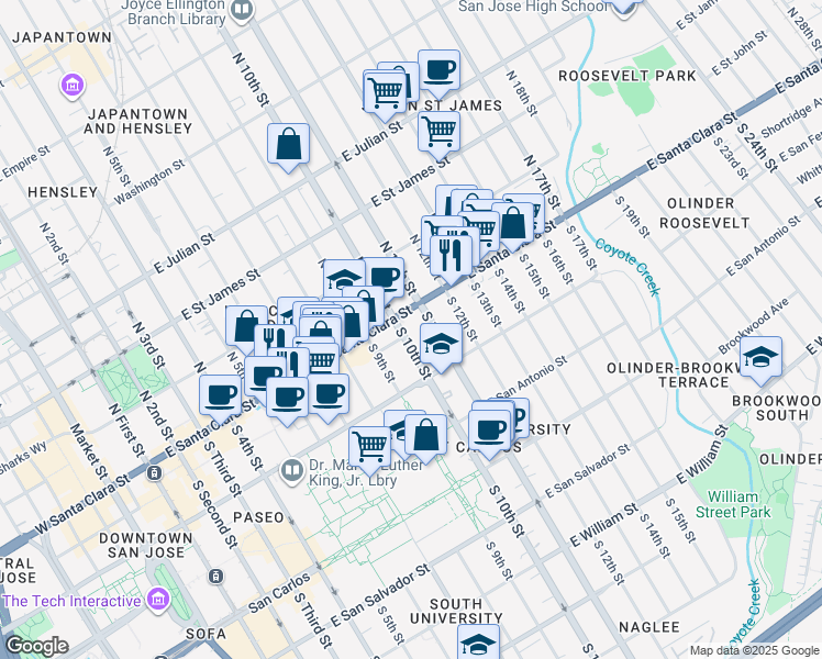 map of restaurants, bars, coffee shops, grocery stores, and more near 22 South 10th Street in San Jose