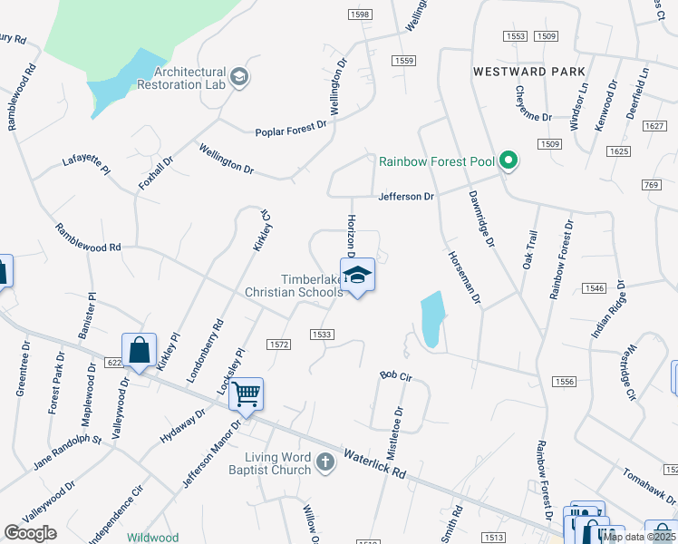 map of restaurants, bars, coffee shops, grocery stores, and more near 209 Horizon Drive in Forest