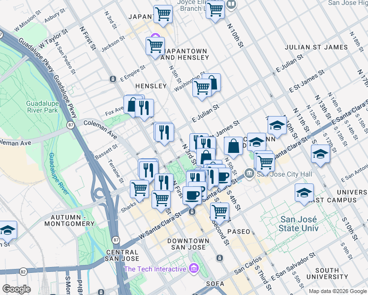 map of restaurants, bars, coffee shops, grocery stores, and more near in San Jose