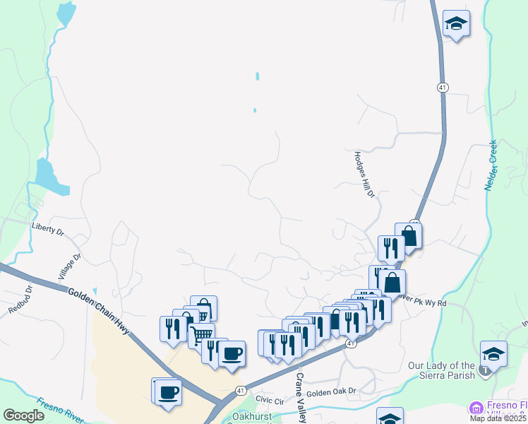 map of restaurants, bars, coffee shops, grocery stores, and more near 40740 Road 425A in Oakhurst