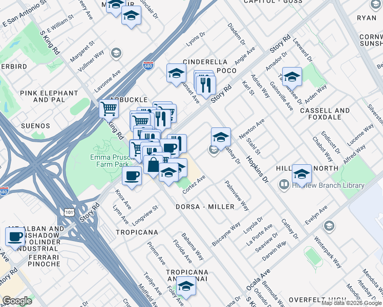 map of restaurants, bars, coffee shops, grocery stores, and more near 1213 Bal Harbor Way in San Jose