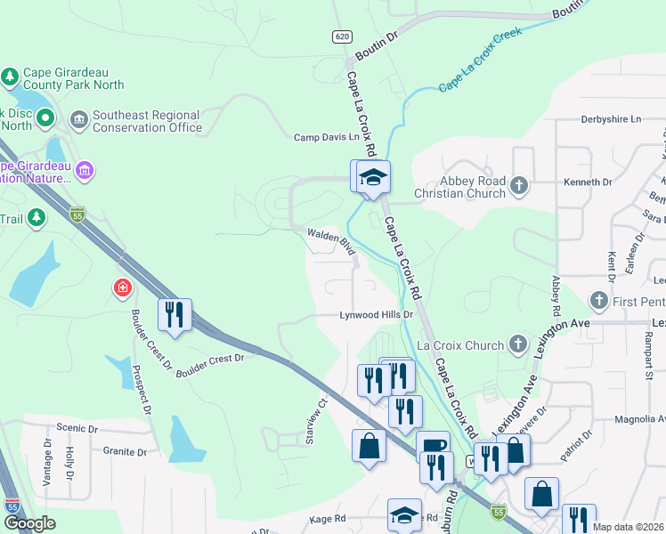 map of restaurants, bars, coffee shops, grocery stores, and more near 2015 Walden Pond Way in Cape Girardeau