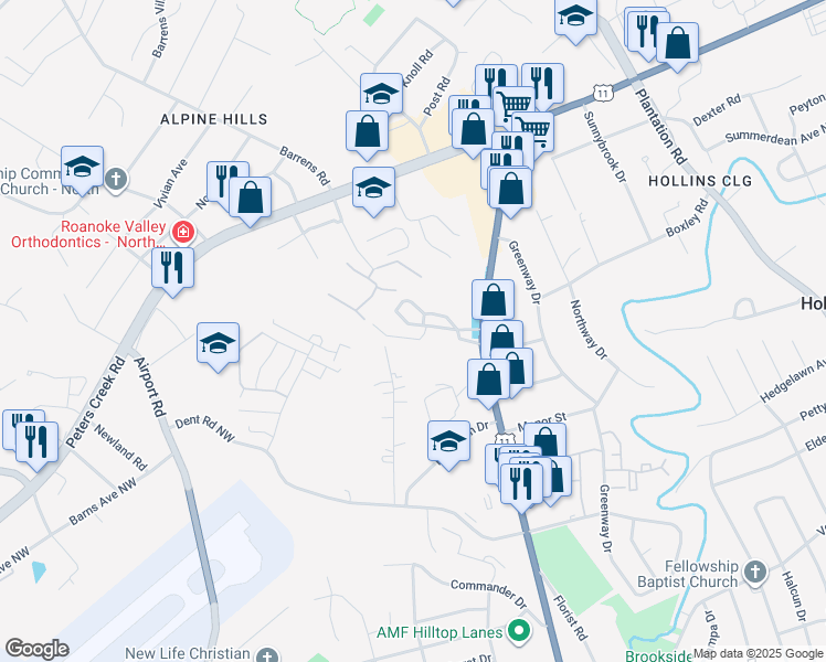 map of restaurants, bars, coffee shops, grocery stores, and more near 6910 Williamson Road in Roanoke
