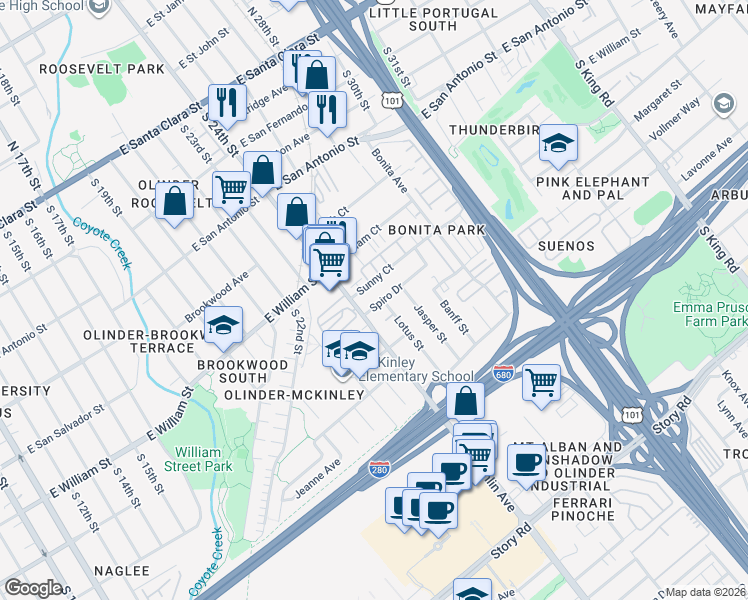map of restaurants, bars, coffee shops, grocery stores, and more near 1127 Spiro Drive in San Jose