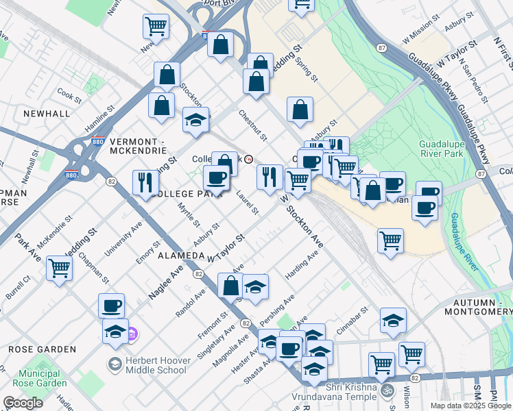 map of restaurants, bars, coffee shops, grocery stores, and more near 730 Laurel Street in San Jose