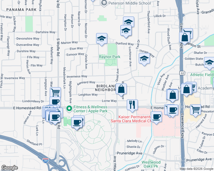 map of restaurants, bars, coffee shops, grocery stores, and more near 1610 Peacock Avenue in Sunnyvale