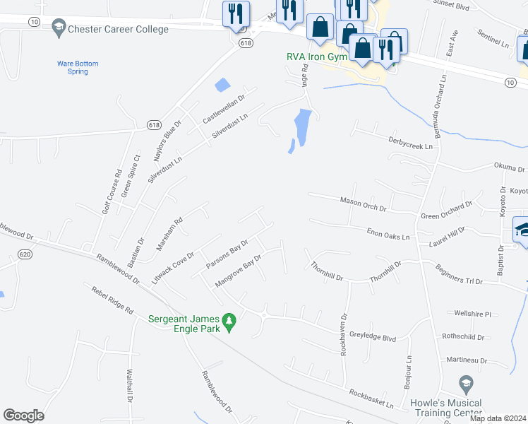 map of restaurants, bars, coffee shops, grocery stores, and more near 1607 Astwood Cove Drive in Chester