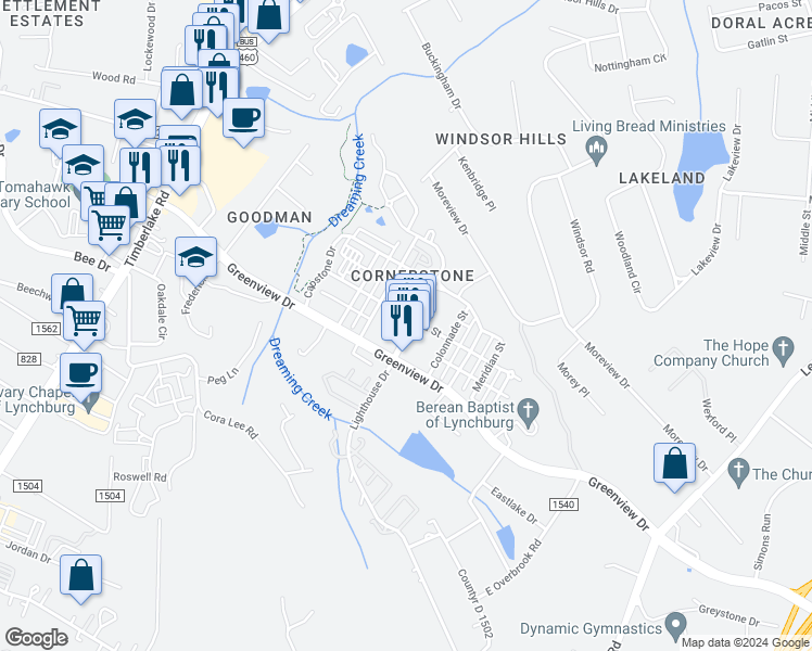 map of restaurants, bars, coffee shops, grocery stores, and more near 119 Cornerstone Street in Lynchburg