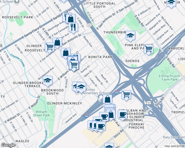 map of restaurants, bars, coffee shops, grocery stores, and more near 1174 Spiro Drive in San Jose